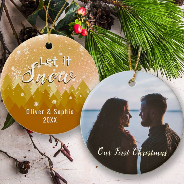 Gold lassen es Schnee Erstes Weihnachtsfest Foto Keramik Ornament (Von Creator hochgeladen)