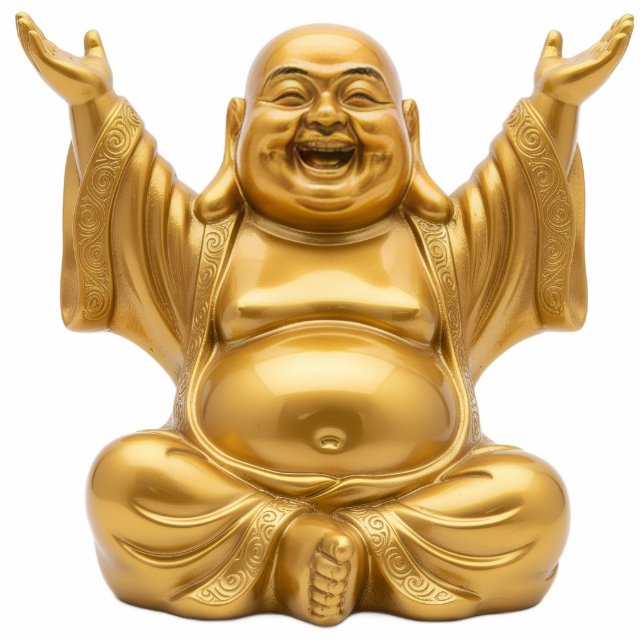 Gold Laughing Buddha Raised Hands 2D Budai Statue Freistehende Fotoskulptur (Vorne)