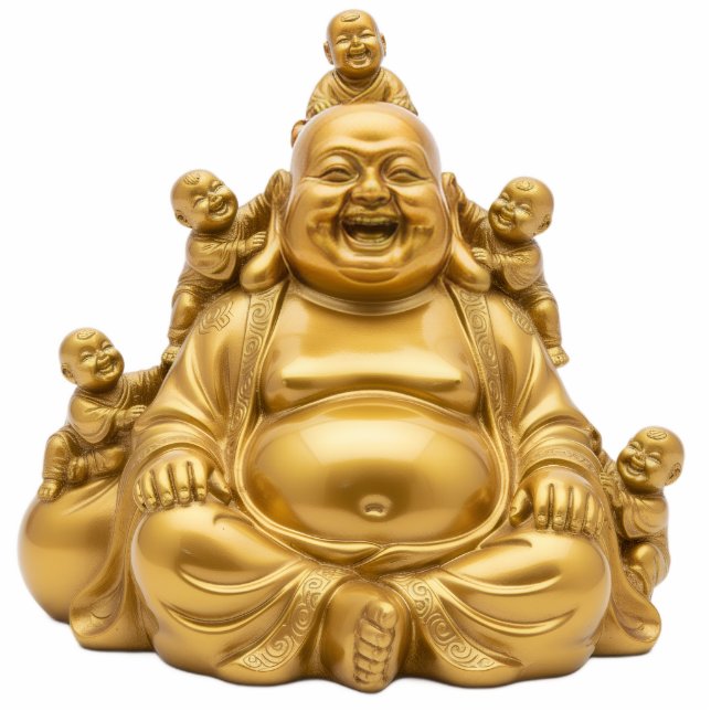 Gold Laughing Buddha with Children 2D Budai Freistehende Fotoskulptur (Vorne)