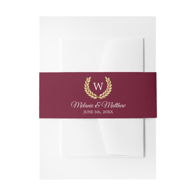 Gold Laurel Burgundy White Monogram Wedding Einladungsbanderole (Vorderseite Beispiel)