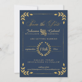 Gold Laurel Leaf Navy Foto Save the Date