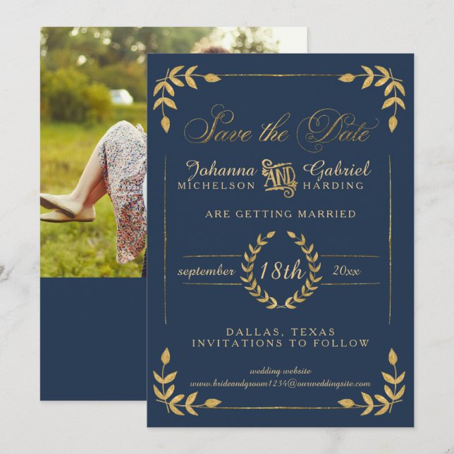 Gold Laurel Leaf Navy Foto Save the Date (Vorne/Hinten)