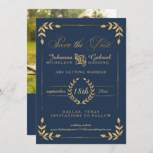 Gold Laurel Leaf Navy Foto Save the Date