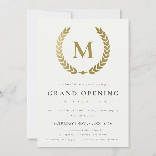 Gold Laurel Monogram Verziert Grand Opening Einlad Dankeskarte (Vorderseite)