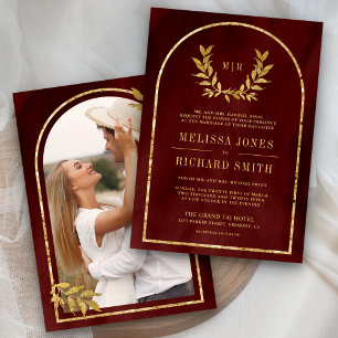 Gold Laurel Wreath Blätter Burgundy Red Wedding Einladung