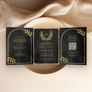 Gold Laurel Wreath Blätter Charcoal Gray Wedding Dreifach Gefaltete Einladung