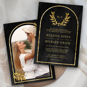 Gold Laurel Wreath Blätter Charcoal Gray Wedding Einladung