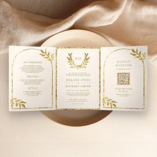Gold Laurel Wreath Blätter Cream Wedding Dreifach Gefaltete Einladung