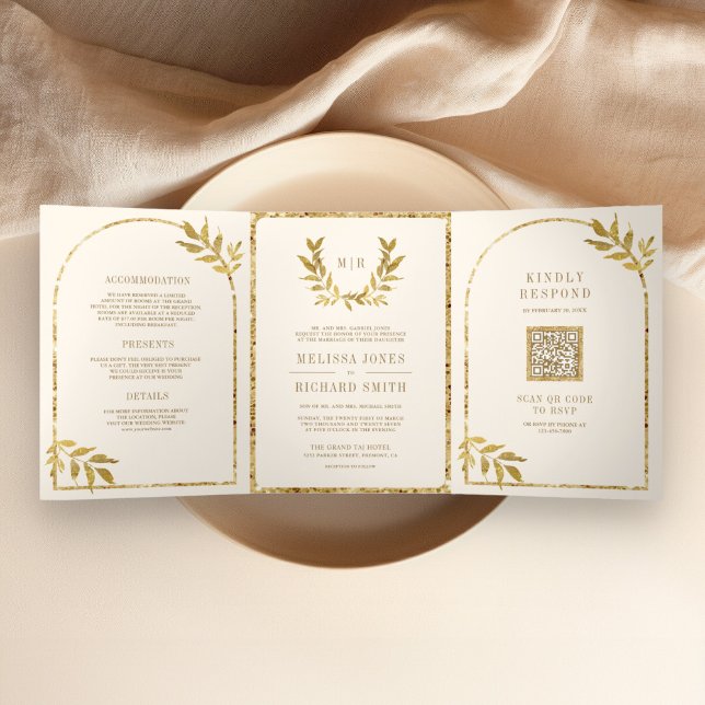 Gold Laurel Wreath Blätter Cream Wedding Dreifach Gefaltete Einladung (Von Creator hochgeladen)