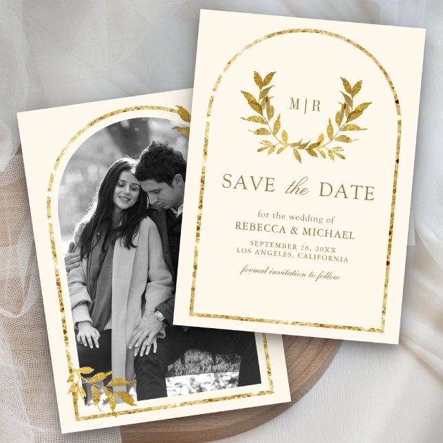 Gold Laurel Wreath Blätter Cream Wedding Save The Date (Von Creator hochgeladen)