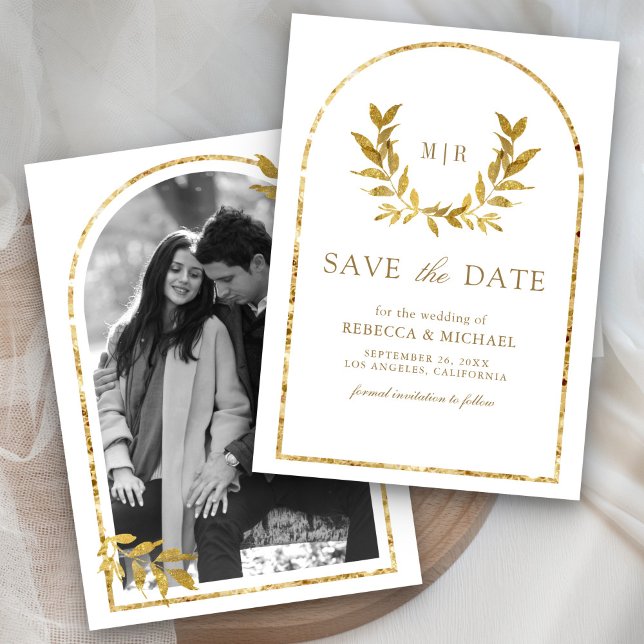 Gold Laurel Wreath Blätter White Wedding Save The Date (Von Creator hochgeladen)