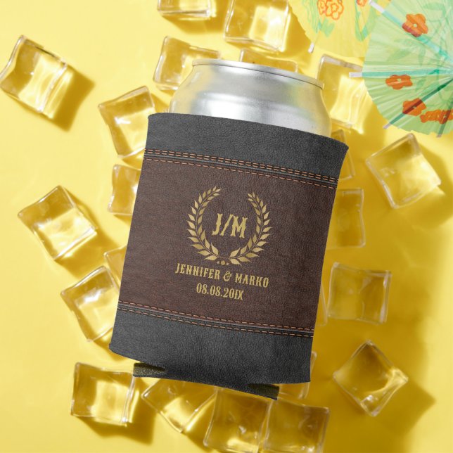 Gold Laurel Wreath Brown & Black Stich Leather Dosenkühler (In Situ Sommer)