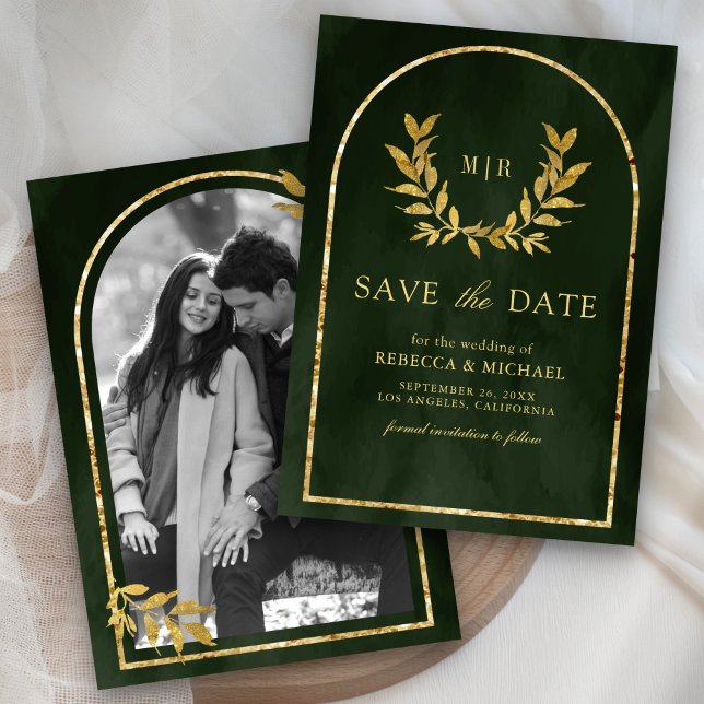 Gold Laurel Wreath Verlasst Olive Green Wedding Save The Date (Von Creator hochgeladen)
