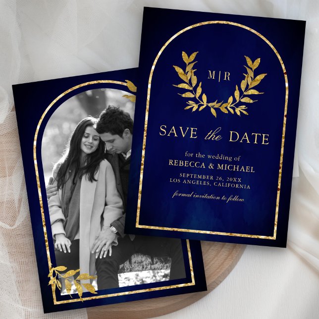 Gold Laurel Wreath Verlasst Royal Blue Wedding Save The Date (Von Creator hochgeladen)