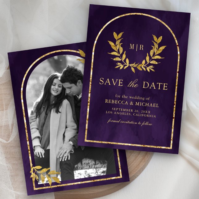 Gold Laurel Wreath Verlasst Royal Lila Wedding Save The Date (Von Creator hochgeladen)