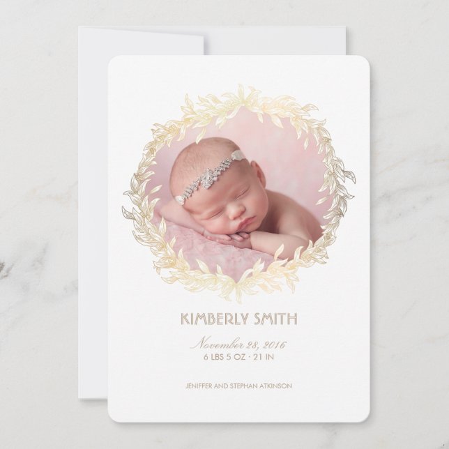 Gold Laurel Wreath White Newborn Baby Foto Birth Ankündigung (Vorderseite)