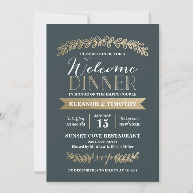 Gold Laurels Slate Wedding Welcome Dinner Party Einladung (Vorderseite)