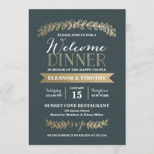 Gold Laurels Slate Wedding Welcome Dinner Party Einladung