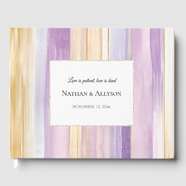 Gold Lavender Purple Stripes Wedding Gästebuch (Vorderseite)