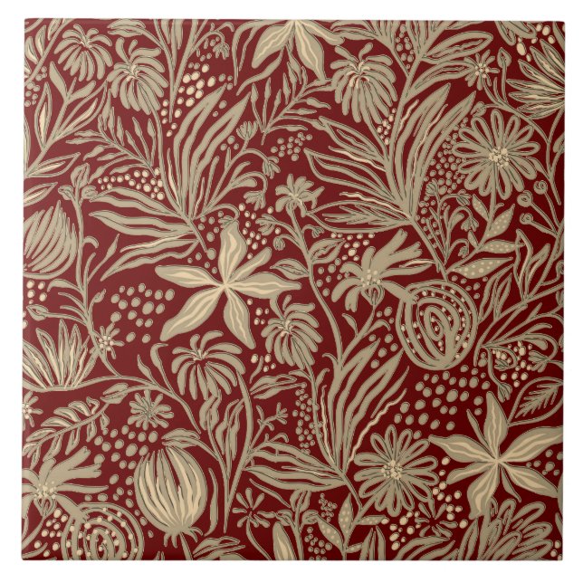 Gold Lazy floral Pattern auf Deep Red Fliese (Vorderseite)