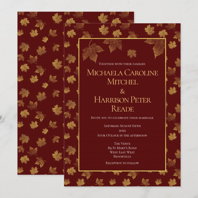 Gold Leaf Burgundy Marsala Wedding Einladung (Vorne/Hinten)
