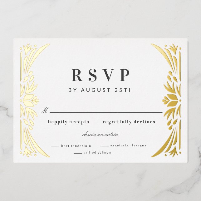 Gold Leaf Gilded Age Foil Wedding RSVP Folieneinladung (Vorderseite)