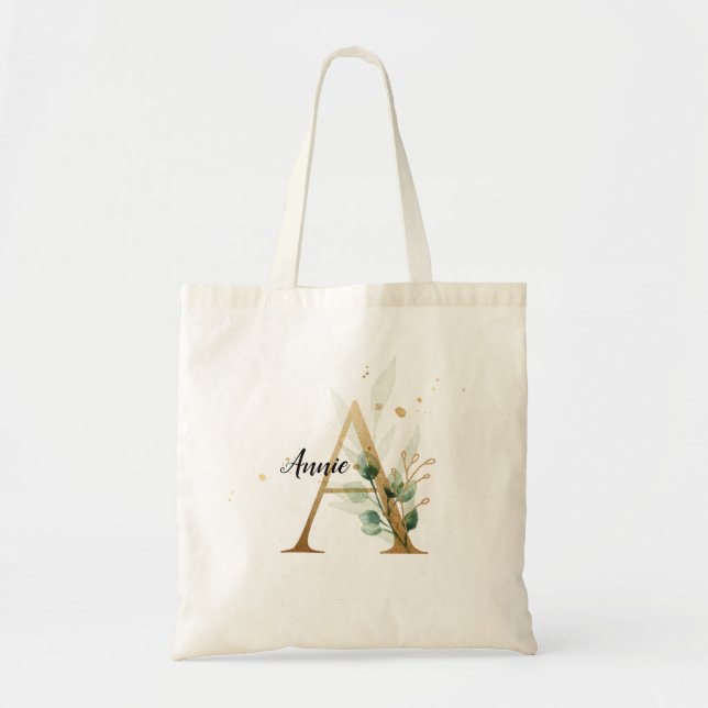 Gold Leaf Greenery Elegant Foliage Monogram "A" Tragetasche (Vorne)
