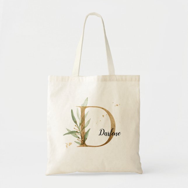 Gold Leaf Greenery Elegant Foliage Monogram "D" Tragetasche (Vorne)