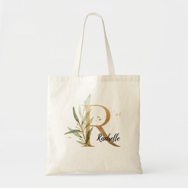 Gold Leaf Greenery Elegant Foliage Monogram "R" Tragetasche (Vorne)