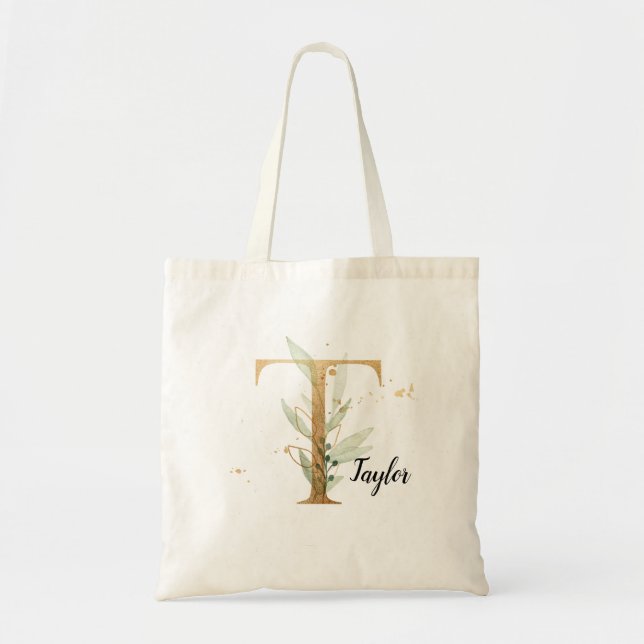 Gold Leaf Greenery Elegant Foliage Monogram "T" Tragetasche (Vorne)