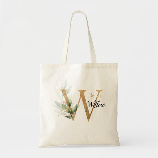 Gold Leaf Greenery Elegant Foliage Personalize "W" Tragetasche (Vorne)