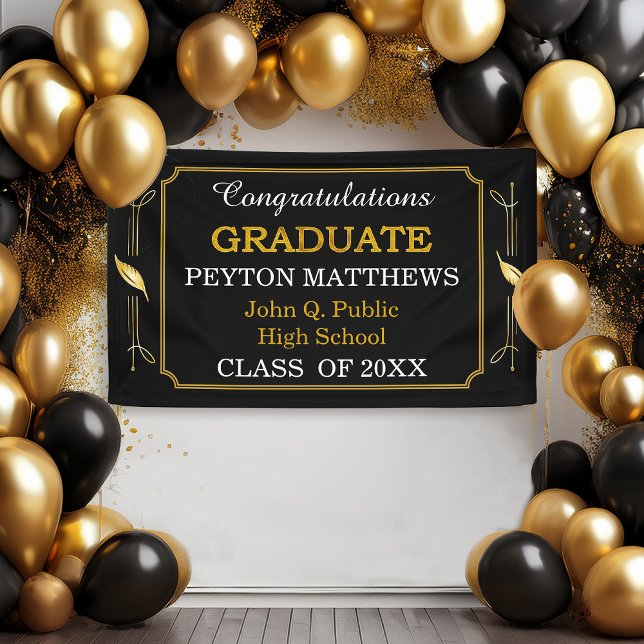 Gold Leaf Herzlichen Glückwunsch Graduate 20XX Banner (Black and Gold Tone Leaves "Graduate" Graduation Party Banner)