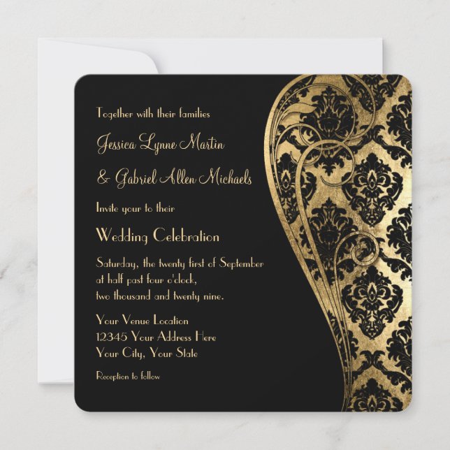 Gold Leaf Look Damask Scroll Formal Hochzeit Einla Einladung (Vorderseite)