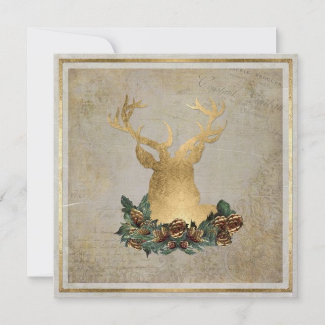 Gold Leaf Look Deer Head Antler Weihnachts-Party Einladung (Vorderseite)