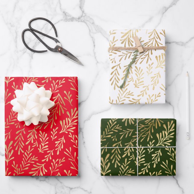 Gold Leaf Muster Red Green White Christmas Geschenkpapier Set (Vorderseite)