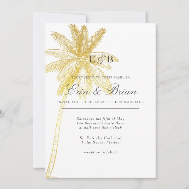 Gold Leaf Palm Tree Tropical Wedding Invitation Einladung (Vorderseite)