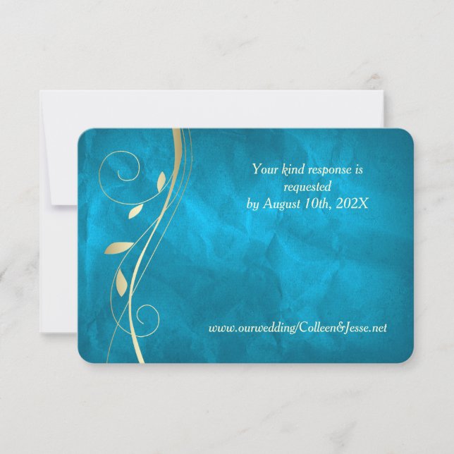 Gold Leaf Swirl Aquamarin Blue Wedding RSVP Card Karte (Vorderseite)