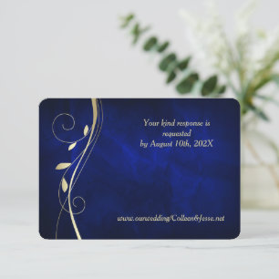 Gold Leaf Swirl Deep Blue Wedding RSVP Card Karte