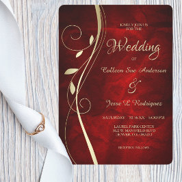 Gold Leaf Swirl Deep Red Wedding Einladung