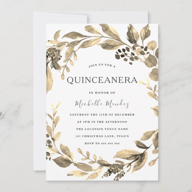 Gold Leaf Wreath Modern Quinceanera Party Einladung (Vorderseite)