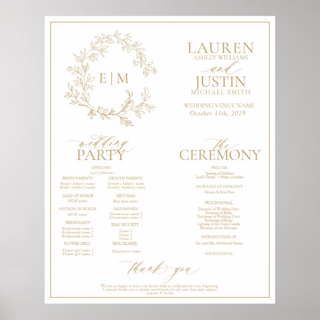 Gold Leafy Wappen Monogram Wedding Program Poster (Vorne)