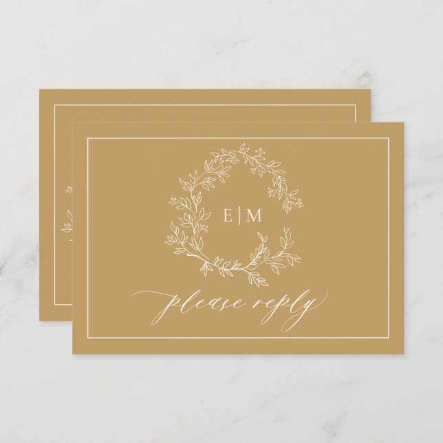Gold Leafy Wappen Monogram Wedding RSVP Card (Vorne/Hinten)