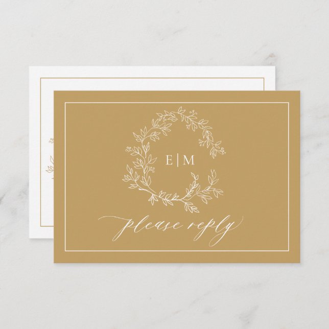 Gold Leafy Wappen Monogram Wedding RSVP Card (Vorne/Hinten)