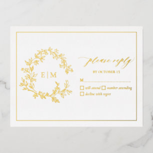 Gold Leafy Wappen Monogram Wedding RSVP Card Folie Einladungspostkarte