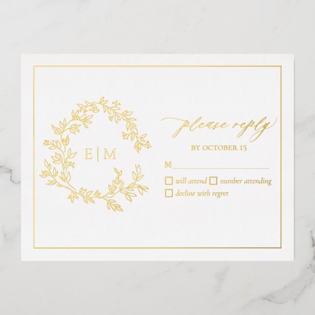 Gold Leafy Wappen Monogram Wedding RSVP Card Folie Einladungspostkarte (Vorderseite)