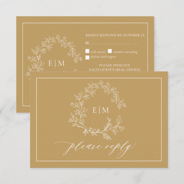 Gold Leafy Wappen Monogram Wedding RSVP Card Karte (Vorne/Hinten)