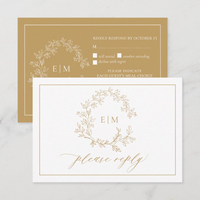 Gold Leafy Wappen Monogram Wedding RSVP Card Karte (Vorne/Hinten)