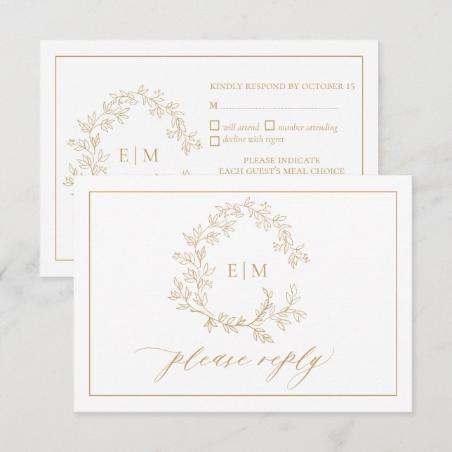 Gold Leafy Wappen Monogram Wedding RSVP Card Karte (Vorne/Hinten)