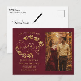 Gold Leaves Burgundy Wedding Save the Date Photo Ankündigungspostkarte