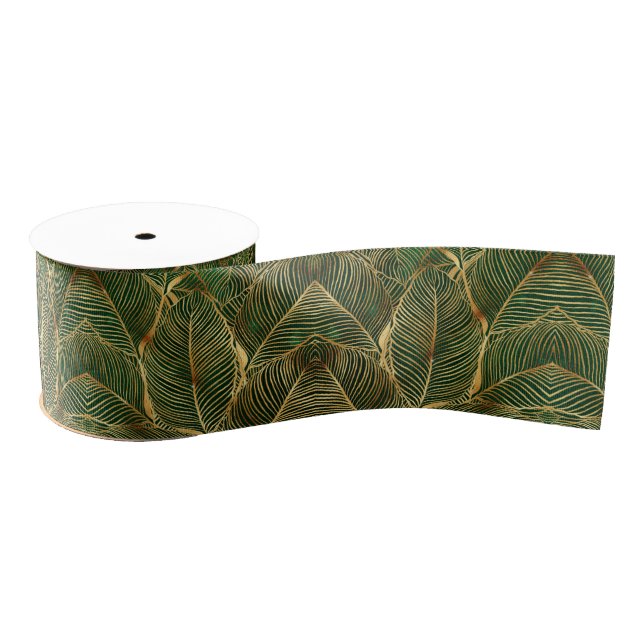 Gold Leaves Forest Green Elegant Pattern Ripsband (Spule)